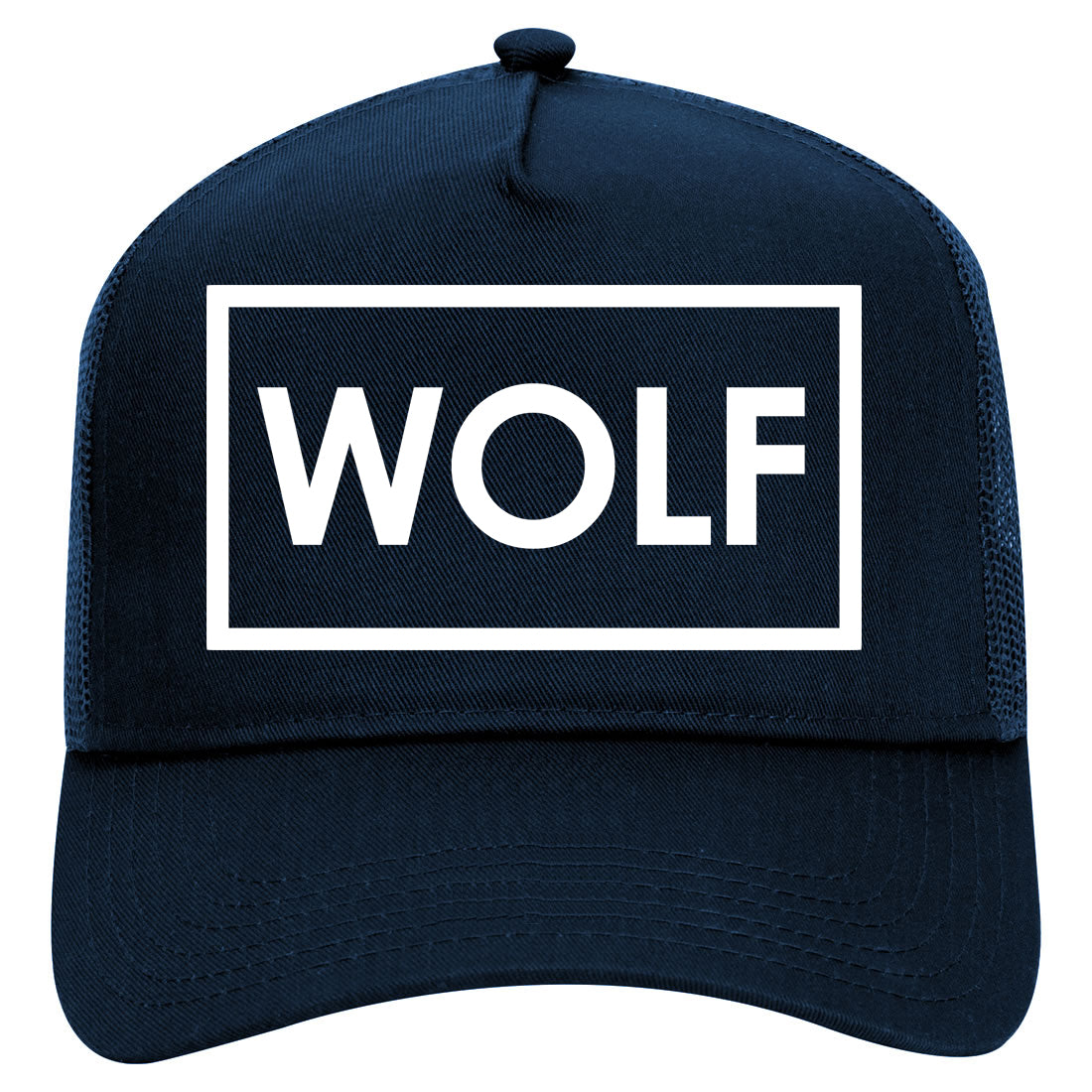Wolf Box Logo Mens Mesh Trucker Hat Navy Blue