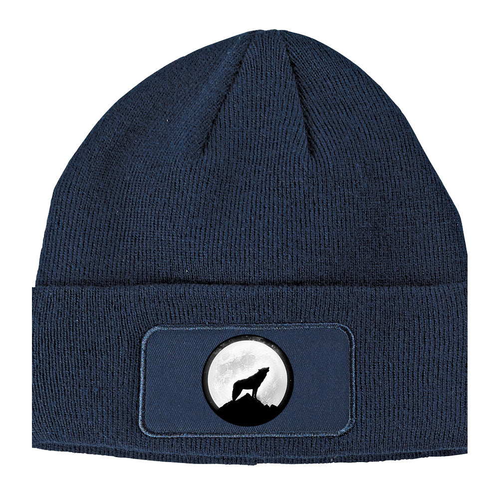 Wolf Howling Moon Circle Winter Knit Adult Beanie Hat Navy Blue