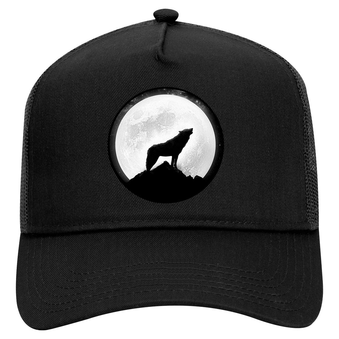 Wolf Howling Moon Circle Mens Mesh Trucker Hat Black