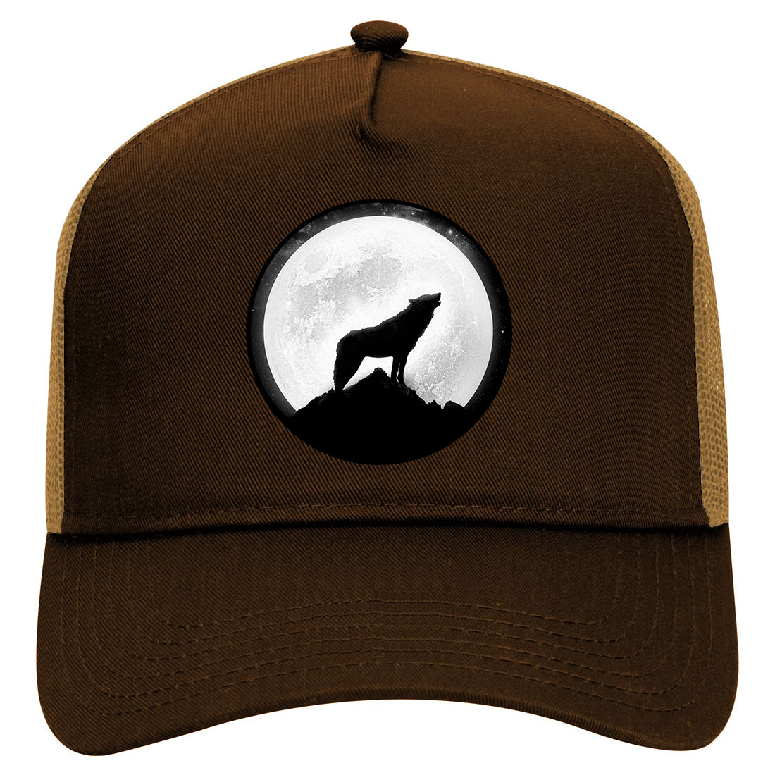 Wolf Howling Moon Circle Mens Mesh Trucker Hat Brown