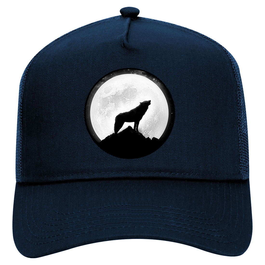 Wolf Howling Moon Circle Mens Mesh Trucker Hat Navy Blue