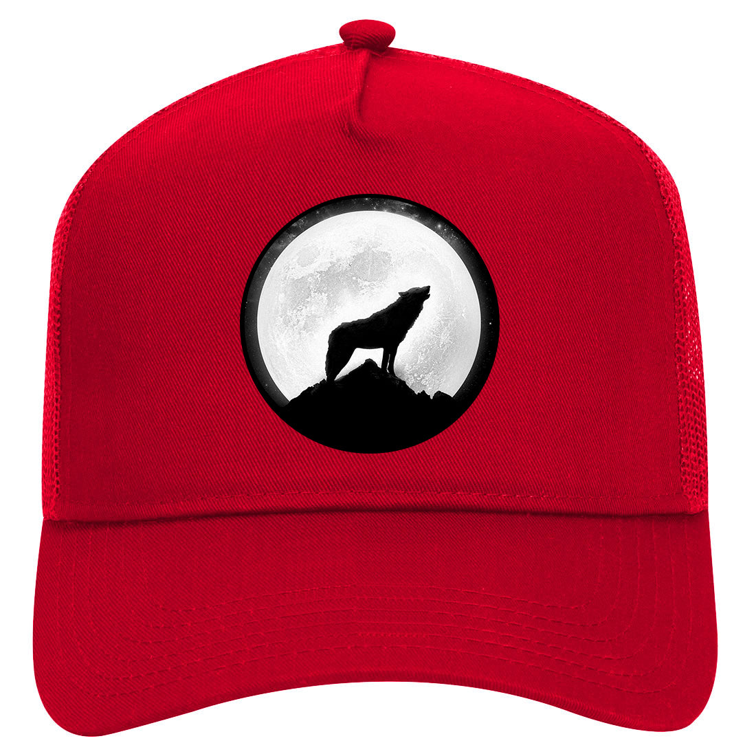 Wolf Howling Moon Circle Mens Mesh Trucker Hat Red