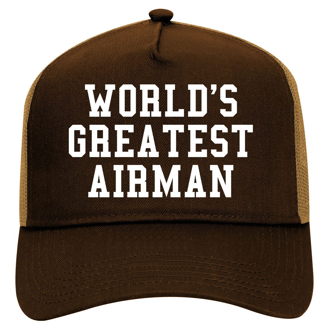 Worlds Greatest Airman Pilot Mens Mesh Trucker Hat Brown