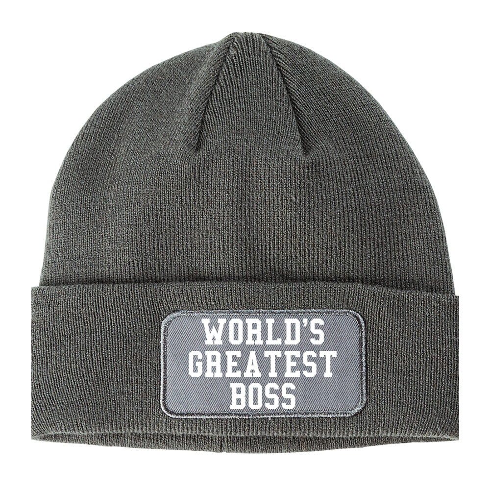 Worlds Greatest Boss Funny Christmas Winter Knit Adult Beanie Hat Grey
