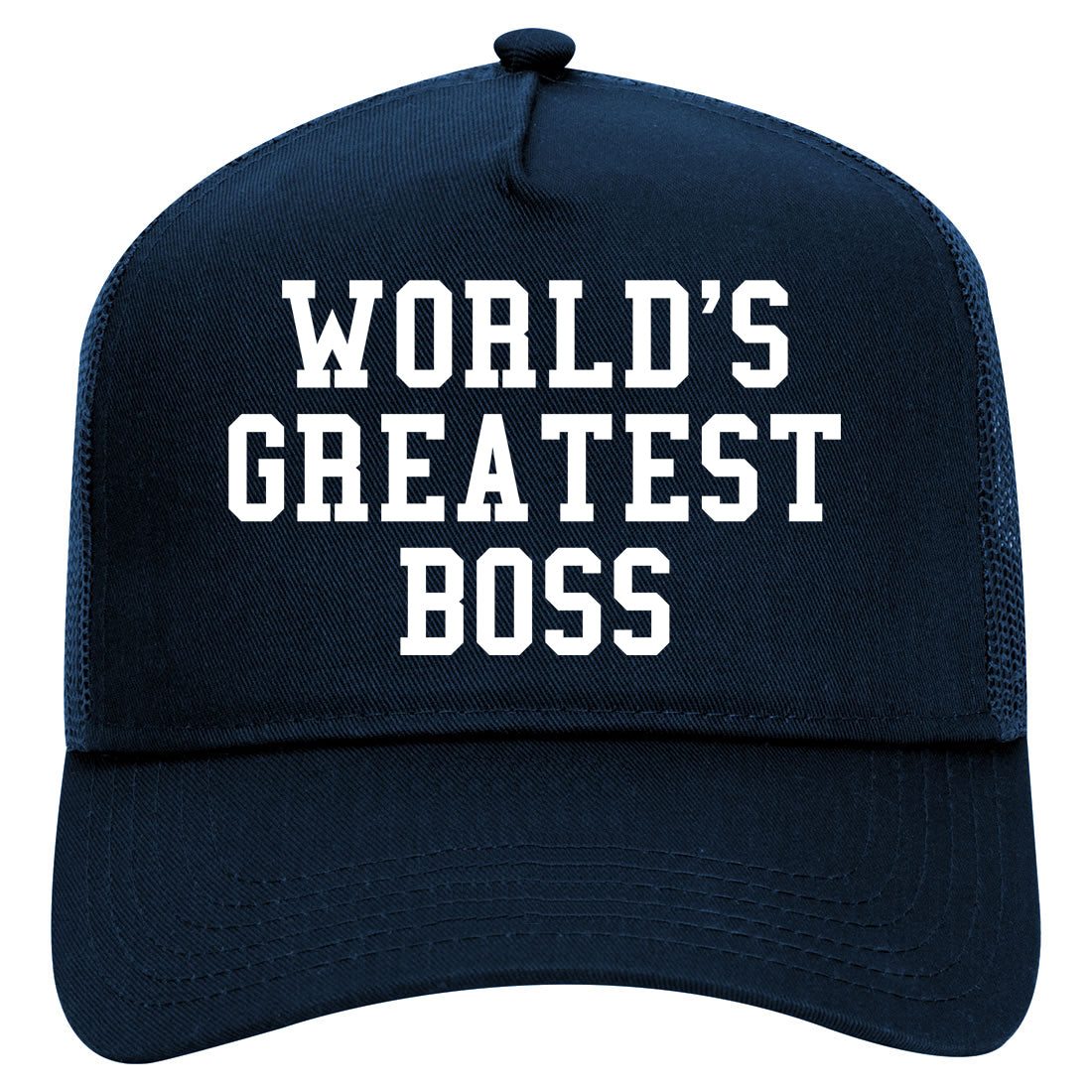 Worlds Greatest Boss Funny Christmas Mens Mesh Trucker Hat Navy Blue