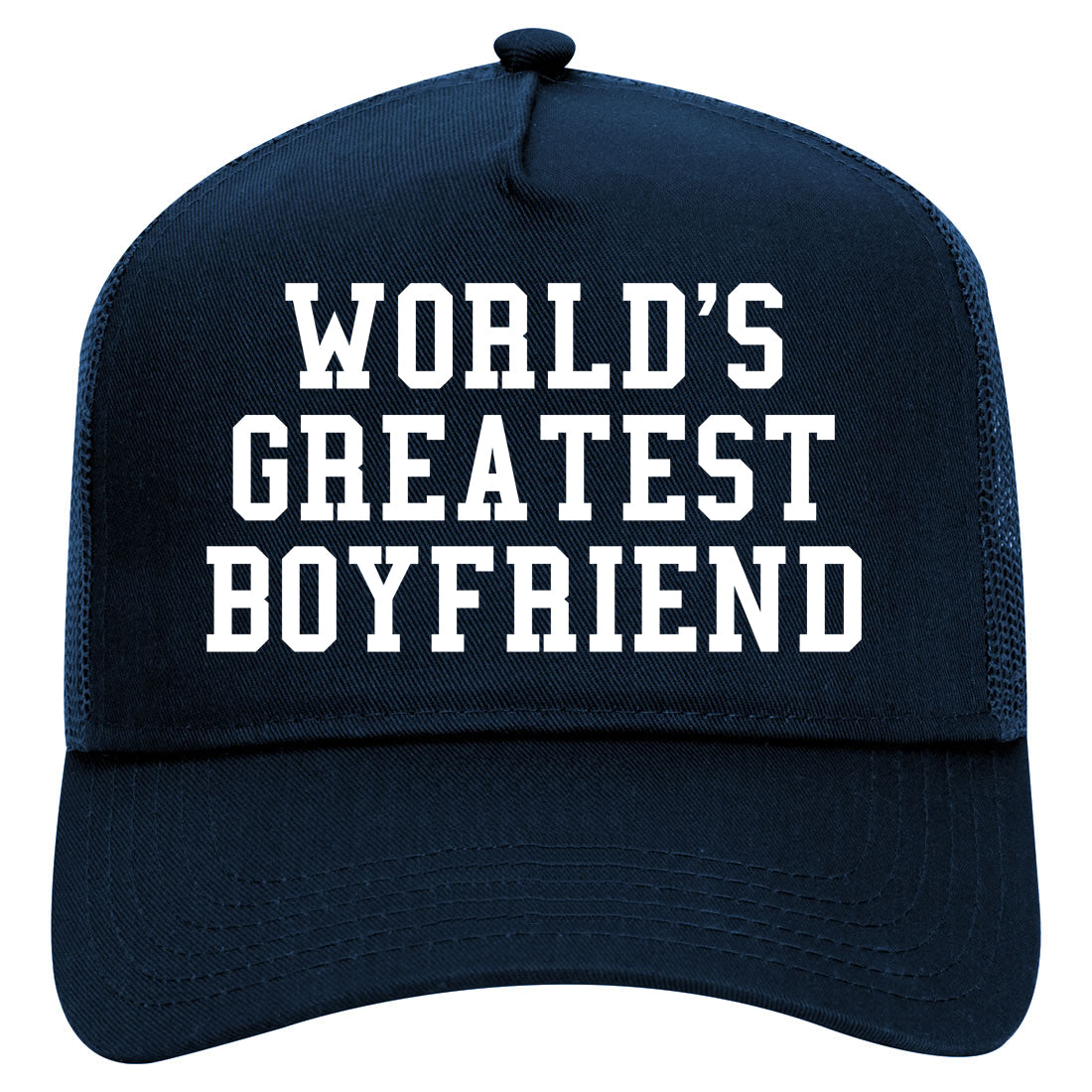 Worlds Greatest Boyfriend Funny Birthday Gift Mens Mesh Trucker Hat Navy Blue