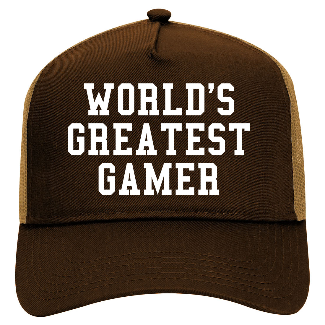 Worlds Greatest Gamer Funny Gaming Mens Mesh Trucker Hat Brown