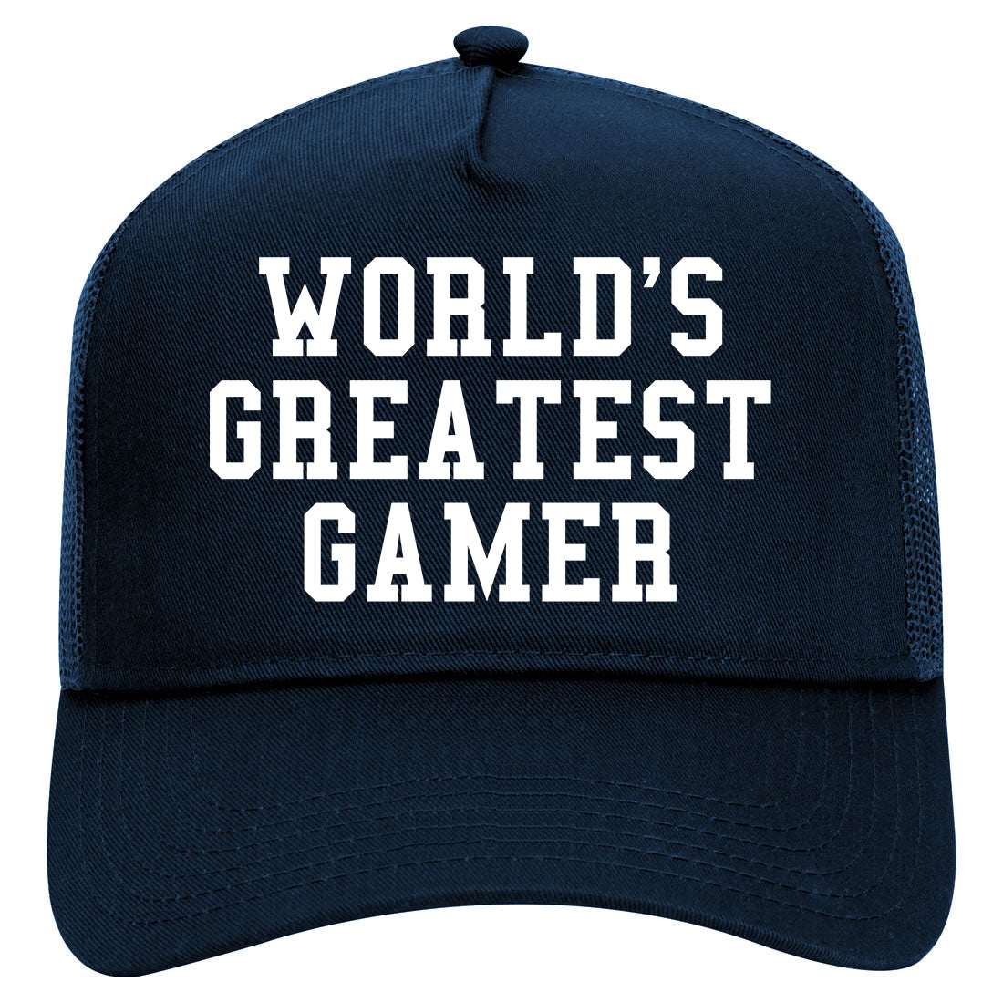 Worlds Greatest Gamer Funny Gaming Mens Mesh Trucker Hat Navy Blue