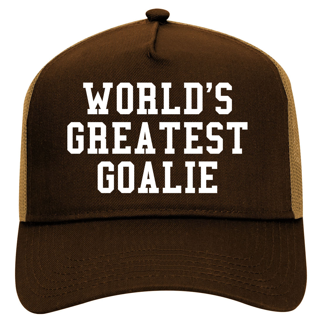Worlds Greatest Goalie Hockey Mens Mesh Trucker Hat Brown