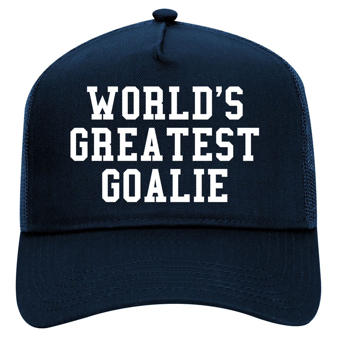 Worlds Greatest Goalie Hockey Mens Mesh Trucker Hat Navy Blue