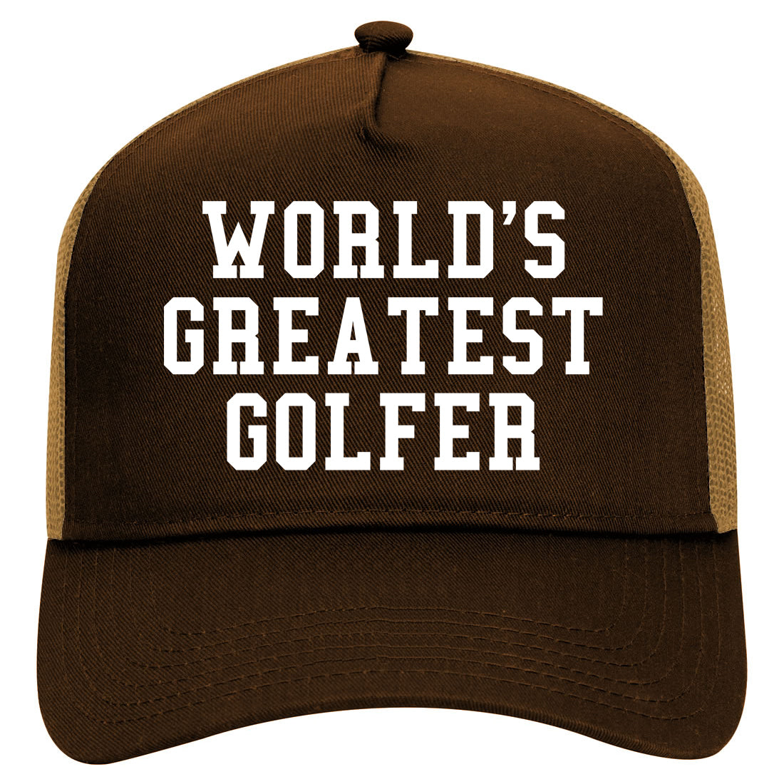 Worlds Greatest Golfer Funny Golf Mens Mesh Trucker Hat Brown