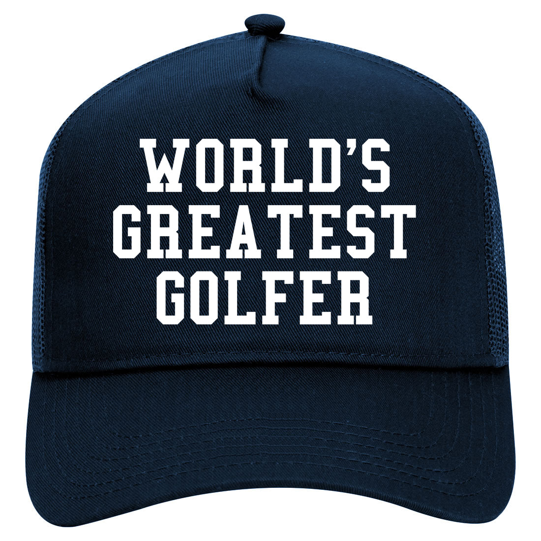 Worlds Greatest Golfer Funny Golf Mens Mesh Trucker Hat Navy Blue