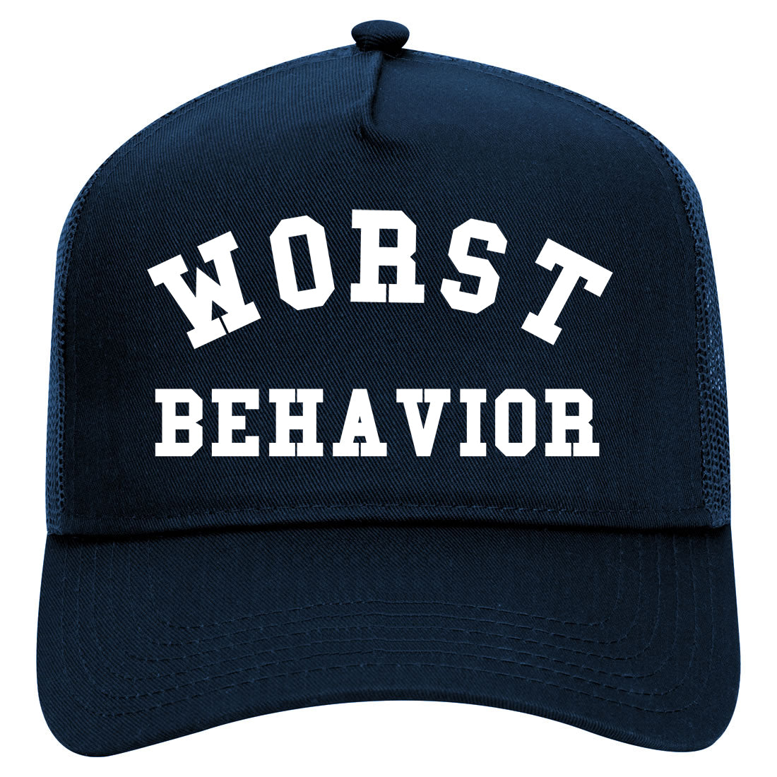 Worst Behavior Mens Mesh Trucker Hat Navy Blue
