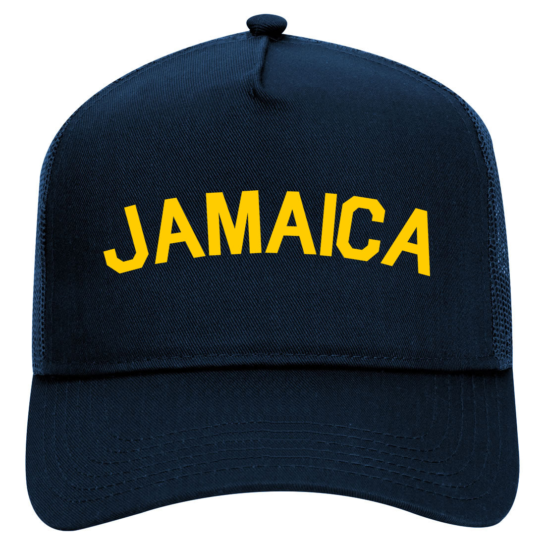 Yellow Jamaica Arch Mens Mesh Trucker Hat Navy Blue