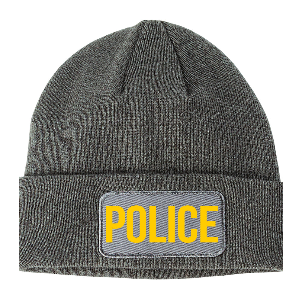 Yellow Police Uniform Cop Costume Winter Knit Adult Beanie Hat Grey