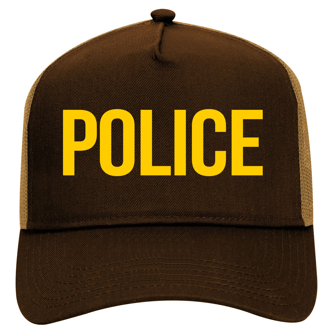Yellow Police Uniform Cop Costume Mens Mesh Trucker Hat Brown