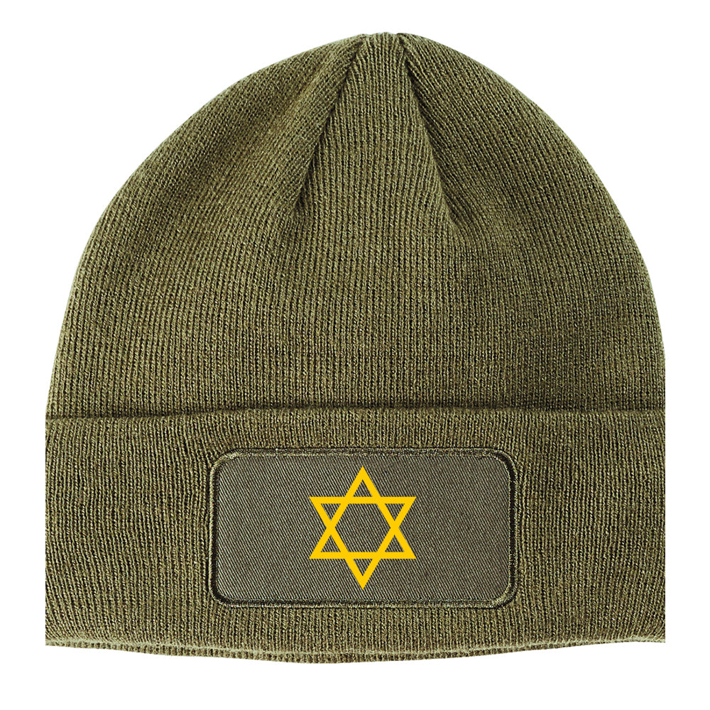 Yellow Star Of David Jewish Winter Knit Adult Beanie Hat Olive Green