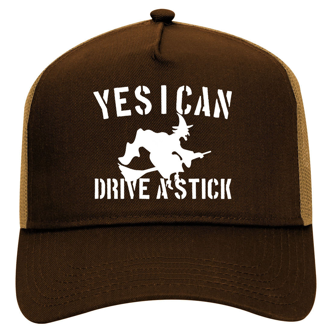 Yes I Can Drive A Stick Witch Mens Mesh Trucker Hat Brown