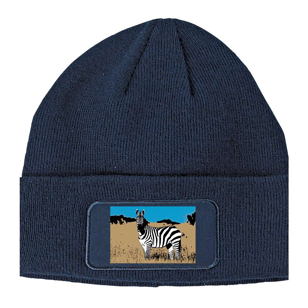 Zebra Artwork Wildlife Winter Knit Adult Beanie Hat Navy Blue
