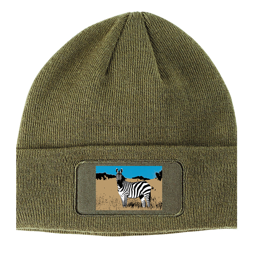 Zebra Artwork Wildlife Winter Knit Adult Beanie Hat Olive Green
