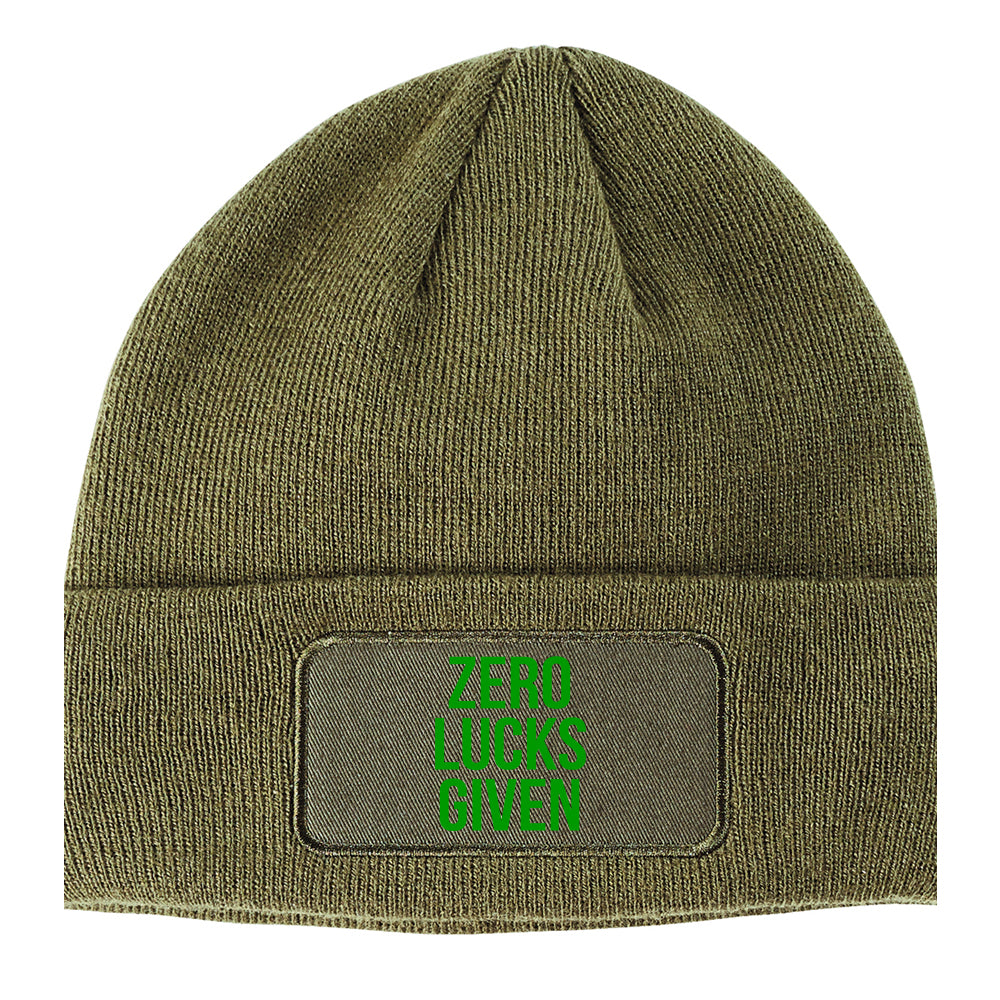 Zero Lucks Given Funny St Patricks Day Winter Knit Adult Beanie Hat Olive Green