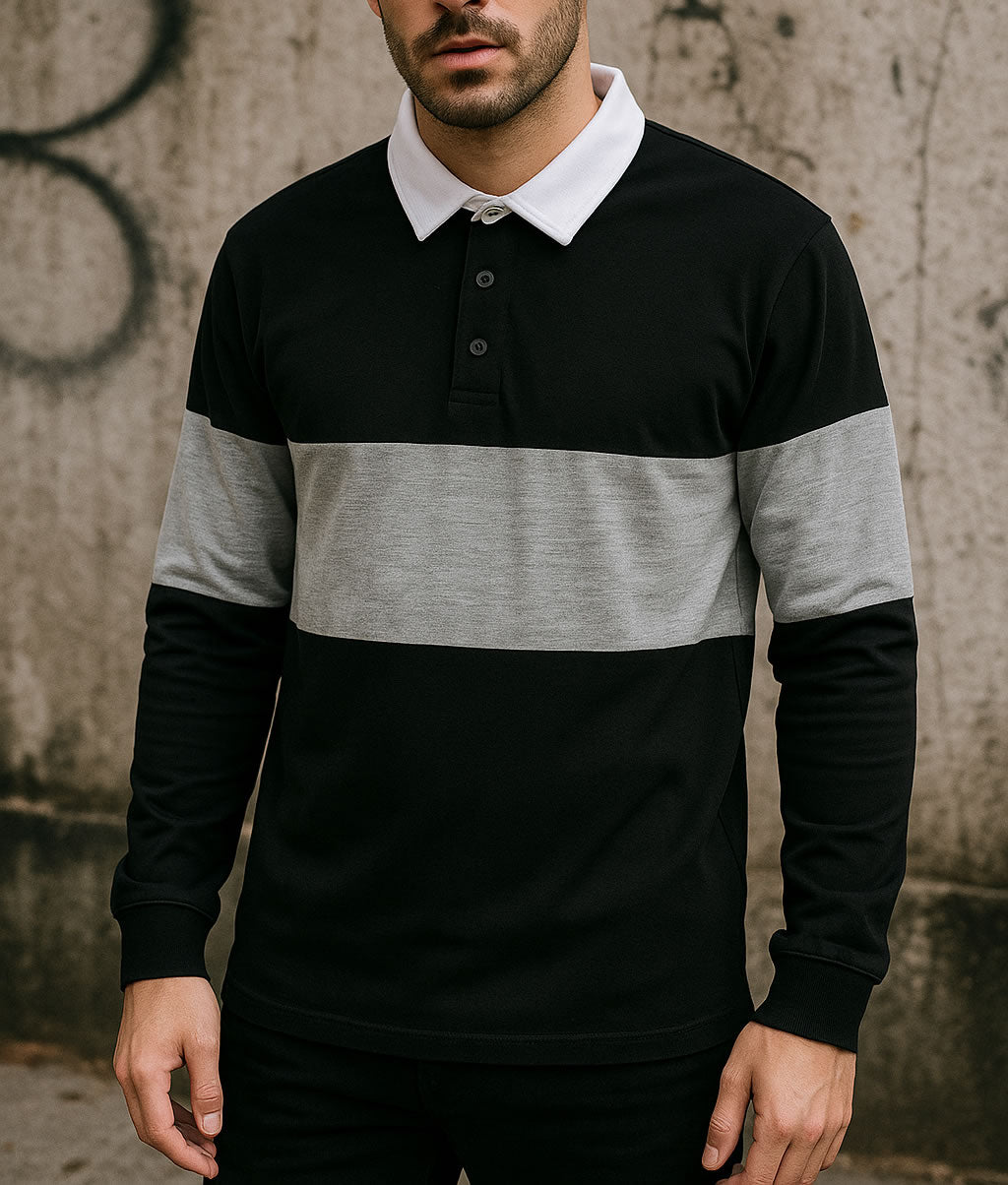 Black and Grey Striped Men's Long Sleeve Rugby Shirt Model