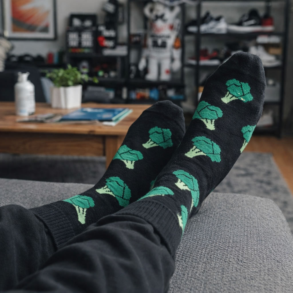 Black broccoli crew socks worn at home in a streetwear-style living room for a relaxed lifestyle look