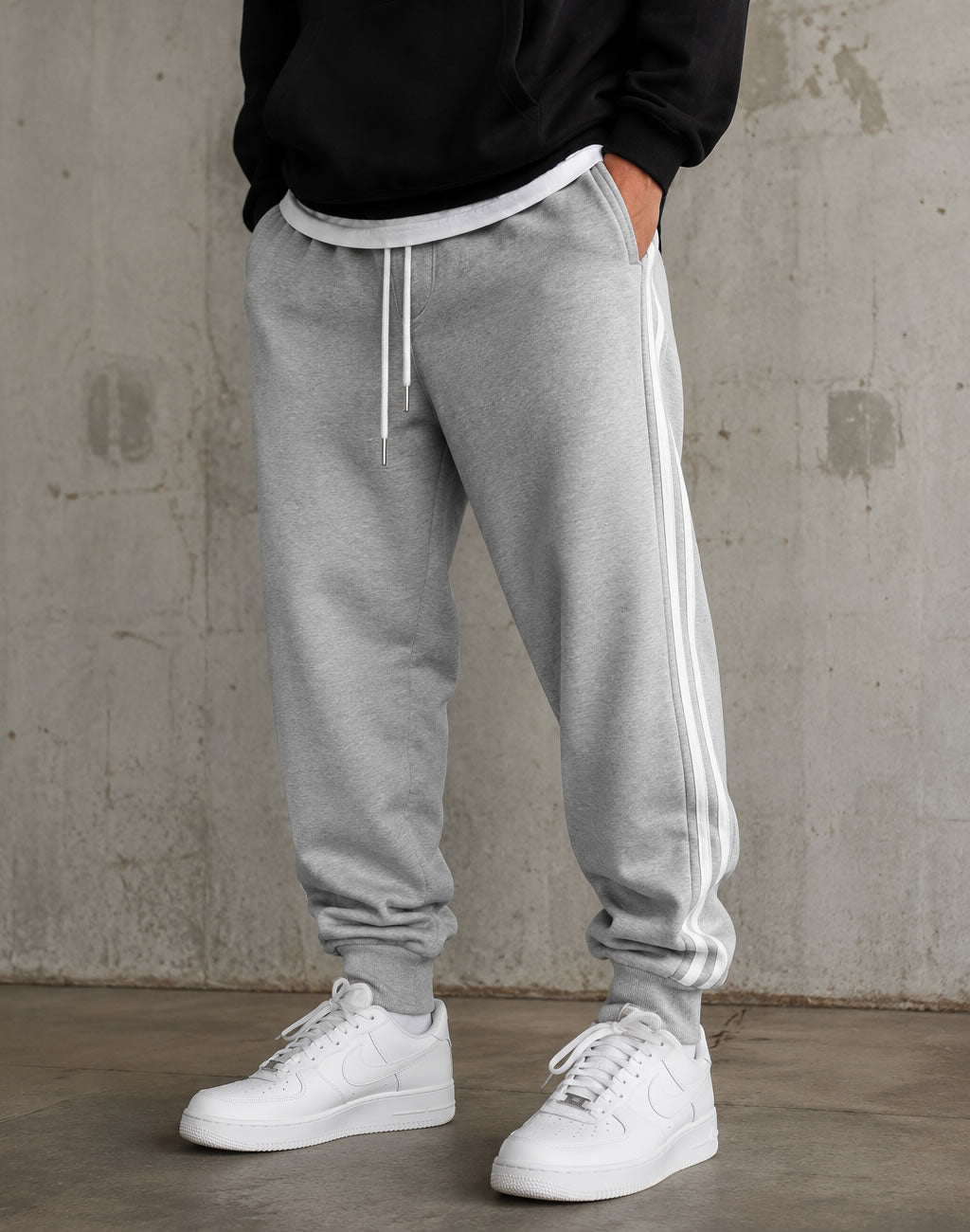 A person wearing light gray heather sweatpants with white side stripes, a black hoodie, and white sneakers, standing against a textured concrete wall.