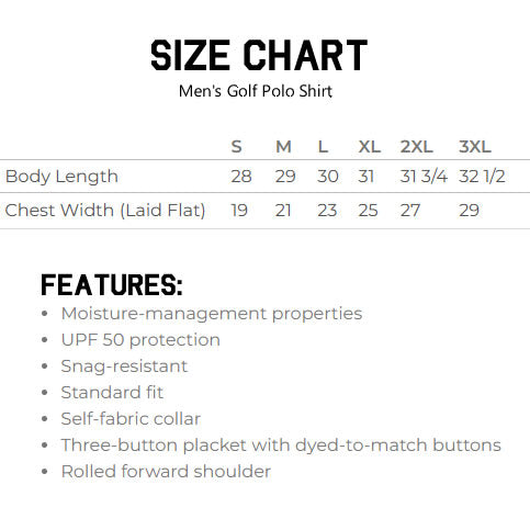 Size chart for men's golf polo shirt with measurements and features listed.