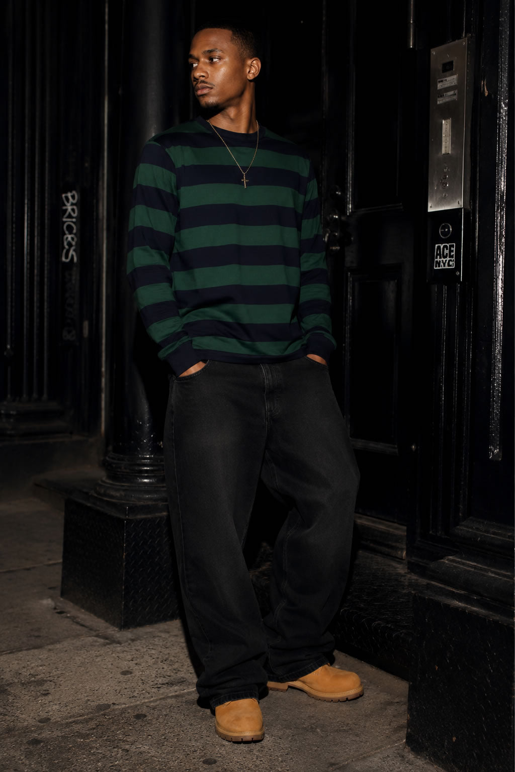 Men's Navy Blue And Green Striped Long Sleeve T-Shirt
