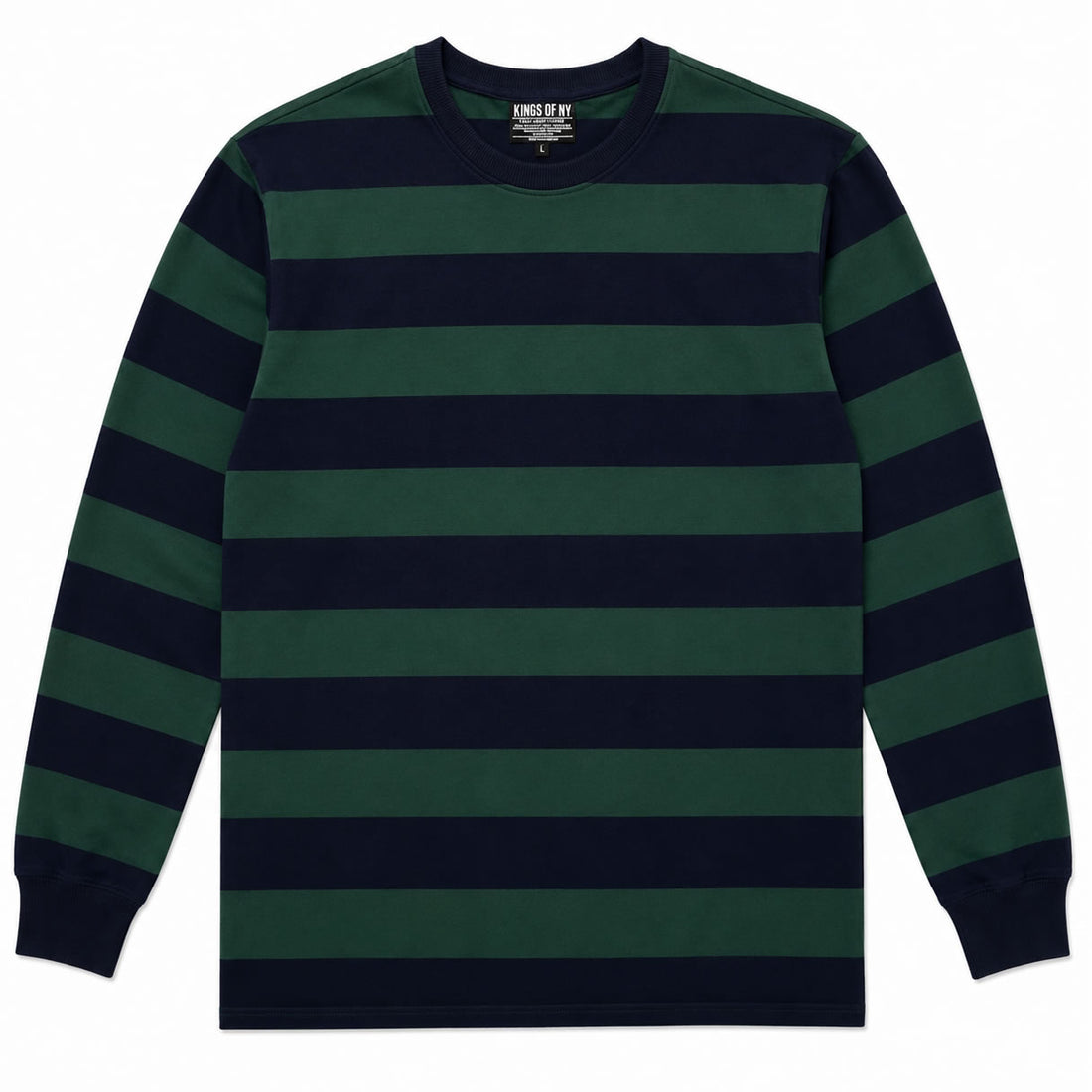 Men's Navy Blue And Green Striped Long Sleeve T-Shirt
