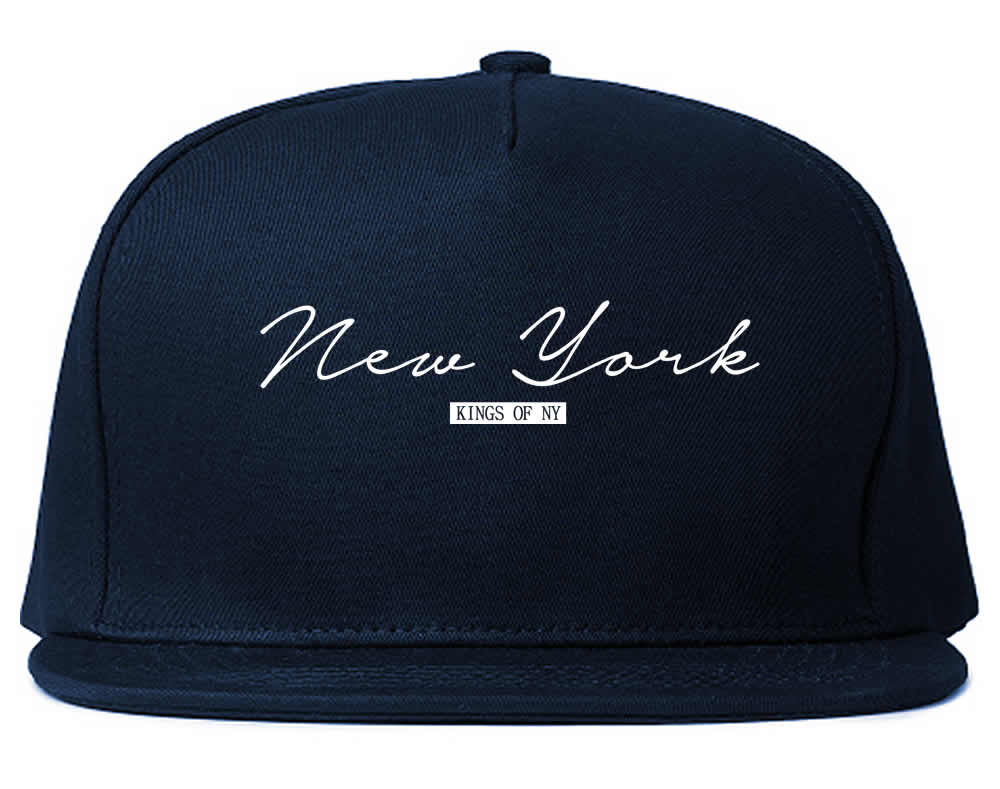 New York Script Typography Mens Snapback Hat Navy Blue