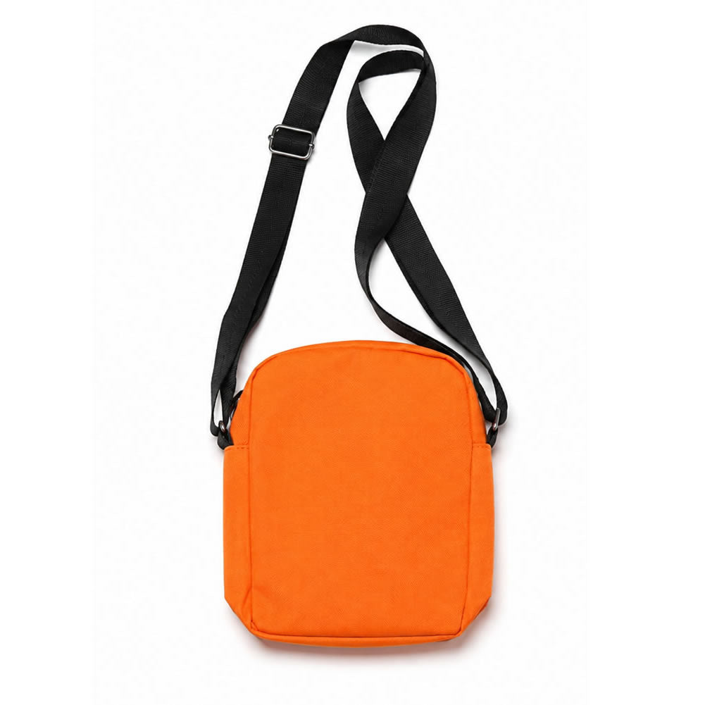 A bright orange crossbody bag with a black adjustable shoulder strap, shown against a plain white background.