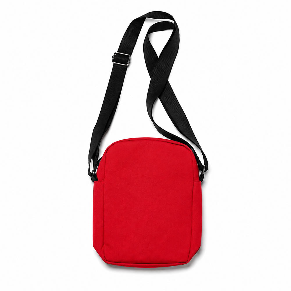 back of men's red crossbody bag by kings of ny