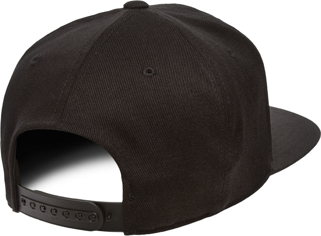 Back of Black Snapback Hat on White Background