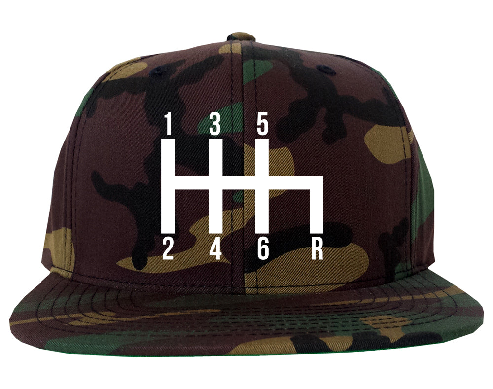 6 Speed Manual Transmission Car Racing Mens Snapback Hat Army Camo
