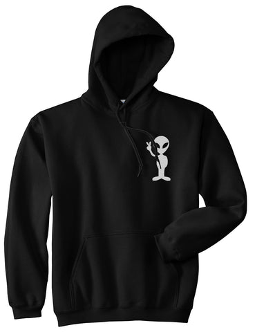Alien Peace Sign Chest Black Pullover Hoodie by Kings Of NY