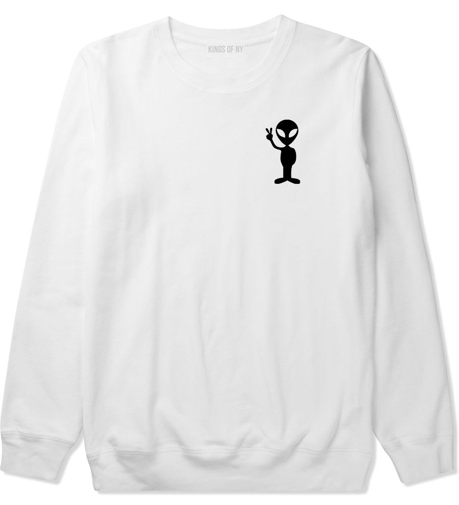 Alien Peace Sign Chest White Crewneck Sweatshirt by Kings Of NY