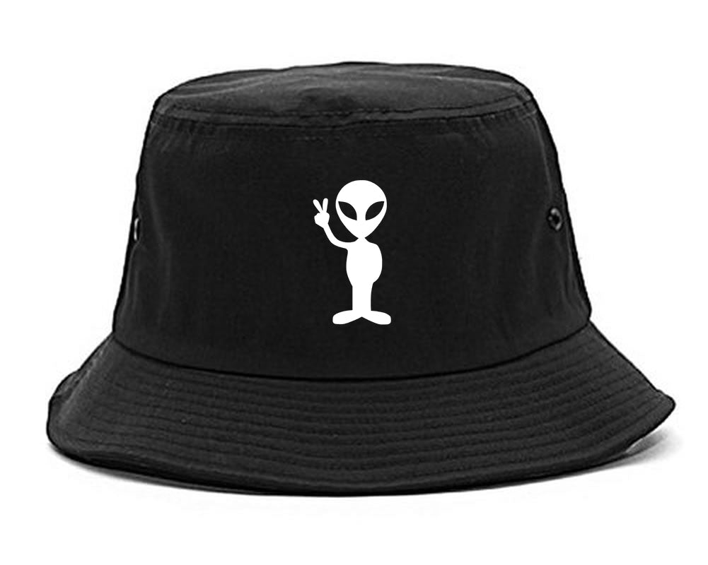 Alien Peace Sign Chest Bucket Hat Black