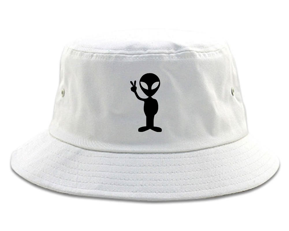 Alien Peace Sign Chest Bucket Hat White