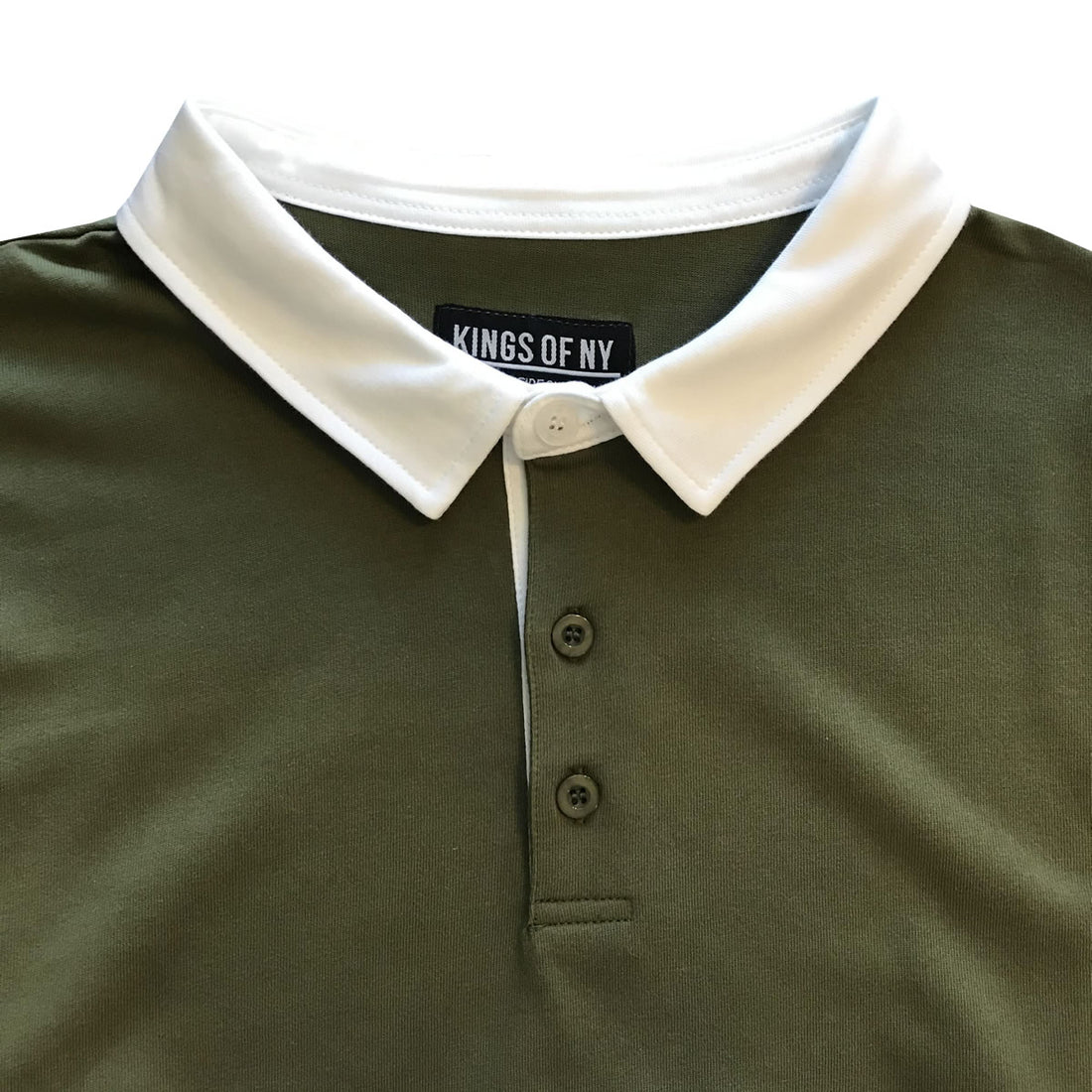 Mens Army Green and White Striped Long Sleeve Polo Rugby Shirt Detail