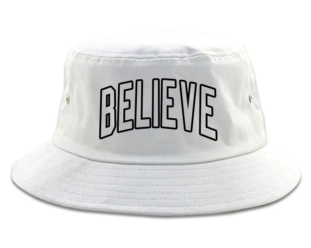 Believe Outline Mens Bucket Hat White