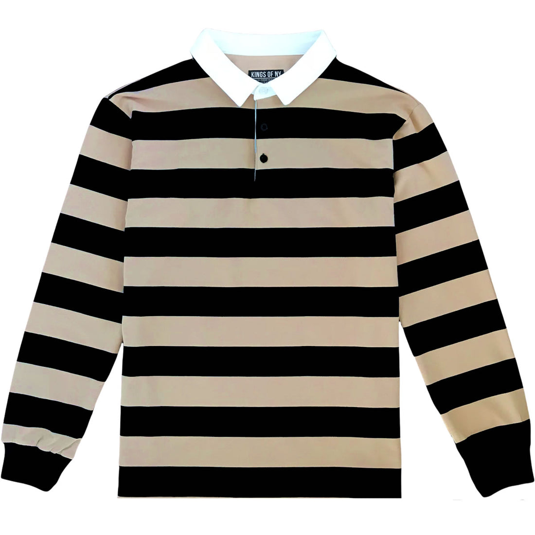 Black And Beige Striped Mens Long Sleeve Rugby Shirt