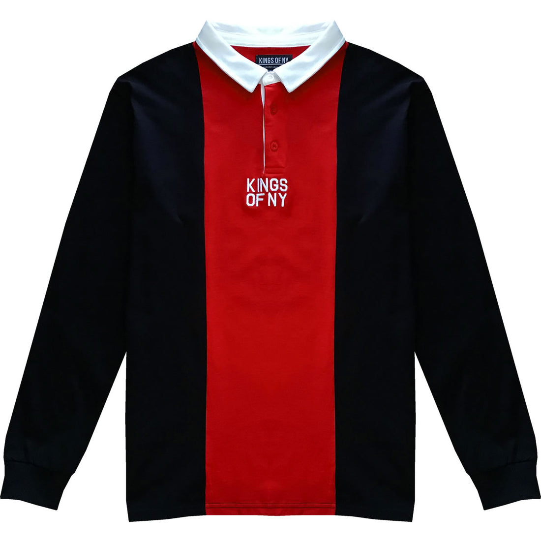 Black and Red Logo Vertical Striped Long Sleeve Rugby Shirt