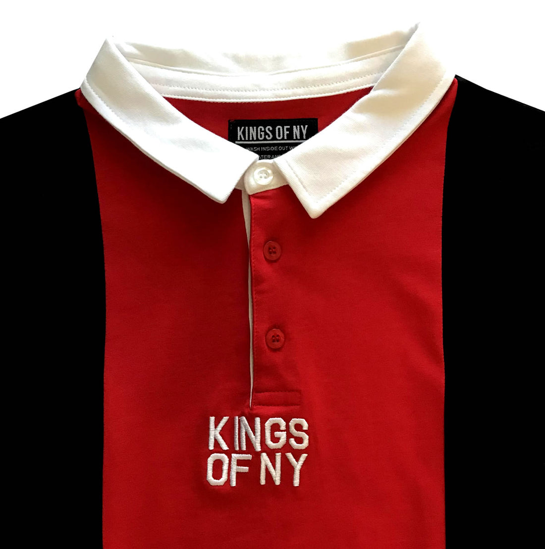 Black and Red Logo Vertical Striped Long Sleeve Rugby Shirt Detail