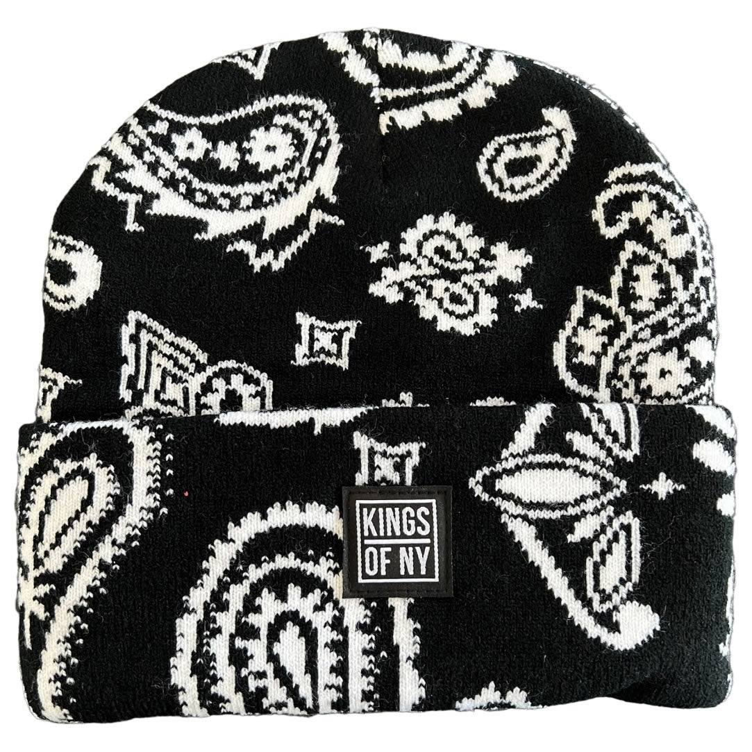 Black Logo Paisley Bandana Mens Knit Beanie Hat