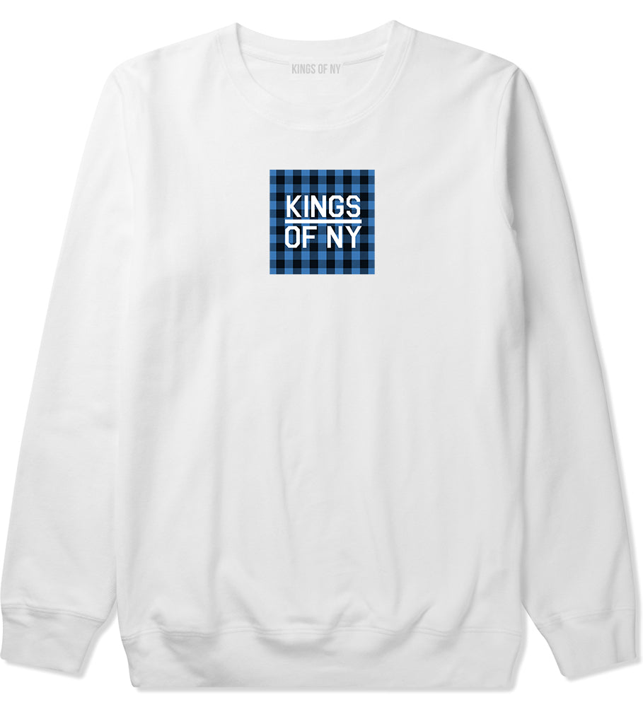 Blue Buffalo Plaid Box Logo Mens Crewneck Sweatshirt White by Kings Of NY