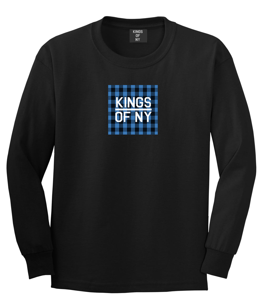 Blue Buffalo Plaid Box Logo Mens Long Sleeve T-Shirt Black by Kings Of NY