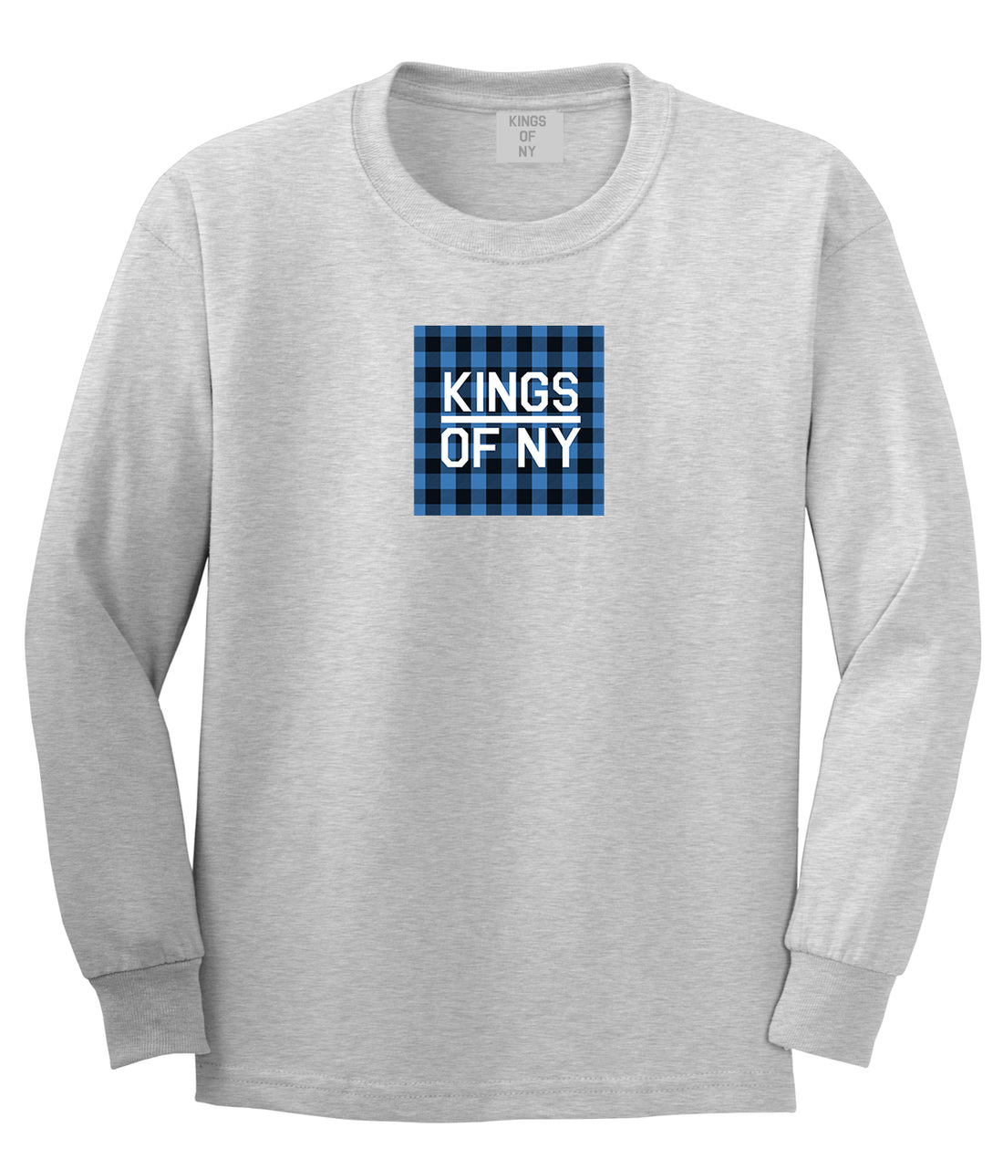 Blue Buffalo Plaid Box Logo Mens Long Sleeve T-Shirt Grey by Kings Of NY