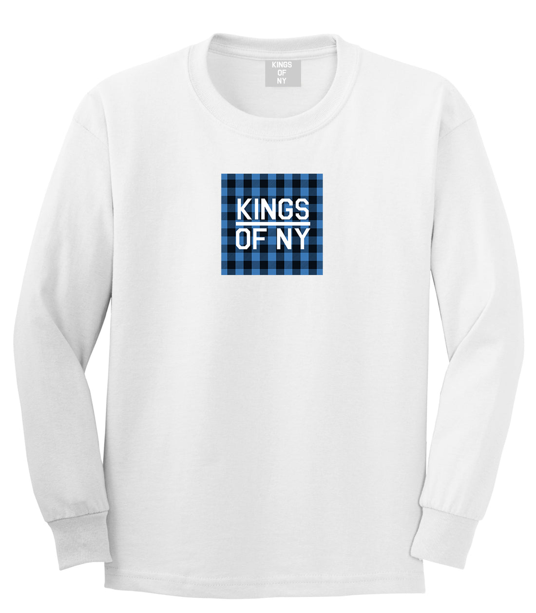 Blue Buffalo Plaid Box Logo Mens Long Sleeve T-Shirt White by Kings Of NY
